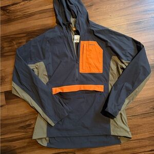 Orvis Gray Jacket with Vibrant Orange Pocket